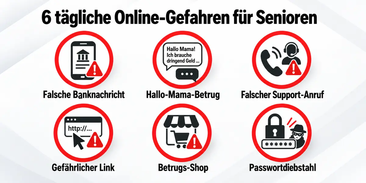 Online-Gefahren für Senioren – Sicherheitscheck Typische Online-Gefahren für Senioren wie falsche Banknachrichten, Betrugsanrufe, Fake-Shops und Passwortdiebstahl
