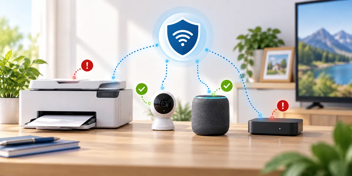 Sicherheit vernetzter Geräte prüfen Sicherheitscheck für vernetzte Geräte wie Drucker, Kameras und Smart-Home-Geräte im heimischen Netzwerk